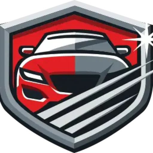 graphic of a car emblem with a stylized car front, split red and gray in color, encased in a shield shape with a starburst on the top right corner.